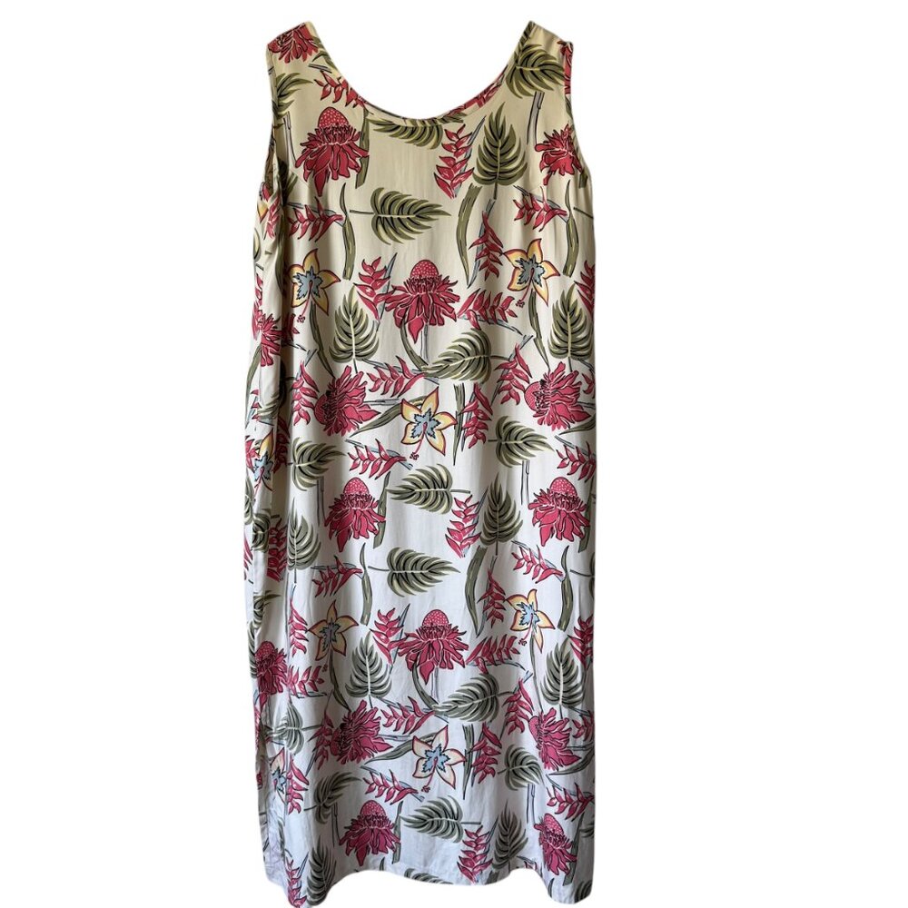 Vtg Y2K Pineapple Moon Shift Dress Silk Tropical Sleeveless Midi Resort Beach